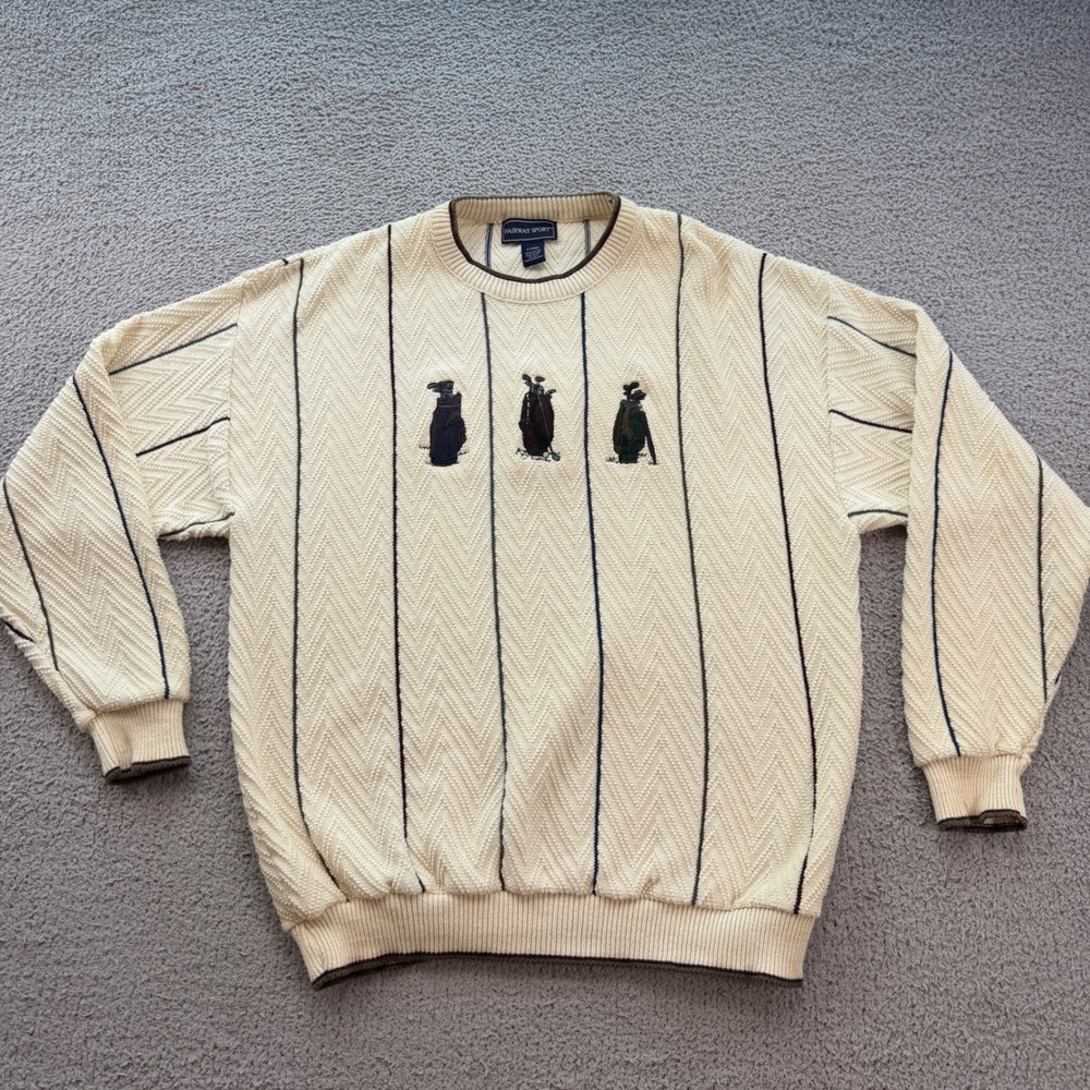 Vintage Fairway Sport Golf Sweater Mens XL Cream Cotton Knit Made in USA 90s